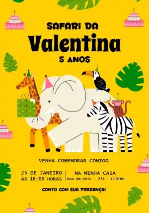 Convite Aniversário Safari com Animais Fofos para Editar Online