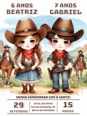 Convite Aniversário Cowboy e Cowgirl para Editar Online
