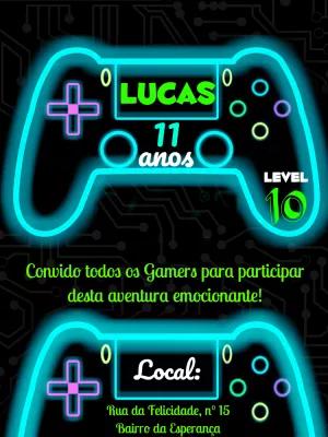 Convite Aniversário Gamer Neon com Controle para Editar Online