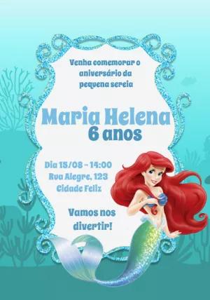 Convite Aniversário Pequena Sereia Ariel para Editar Online