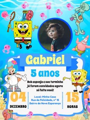 Convite Aniversário Bob Esponja com Foto para Editar Online