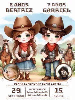 Convite Aniversário Cowboy e Cowgirl com Foto para Editar Online