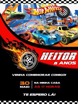 Convite de Aniversário Hot Wheels com Carros de Corrida para Editar