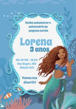 Convite Aniversário Pequena Sereia Morena para Editar Online