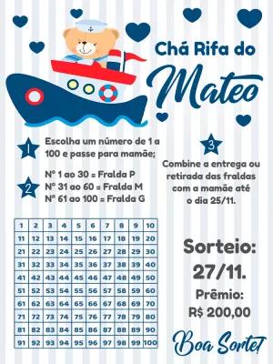 Convite Chá Rifa Ursinho Marinheiro para Editar Online
