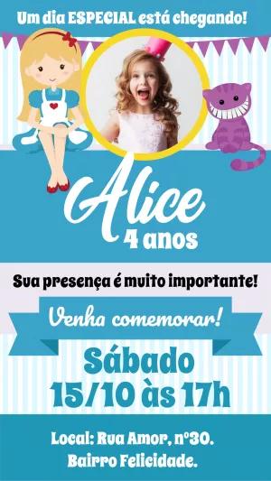 Convite Aniversário Alice no País das Maravilhas com Foto para Editar