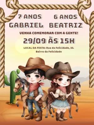Convite Aniversário Cowboy e Cowgirl para Editar Online