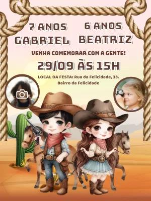 Convite Aniversário Cowboy e Cowgirl com Foto para Editar