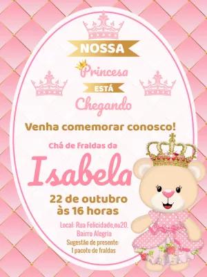 Convite Chá de Fraldas Ursinha Princesa para Editar Online