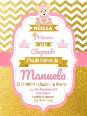 Convite Chá de Fraldas Ursinha Princesa para Editar Online