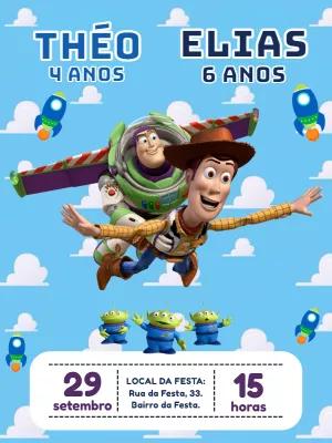 Convite Aniversário Duplo Toy Story Buzz e Woody para Editar