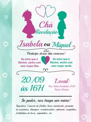 Convite Chá Revelação Lilás e Verde com Silhuetas para Editar