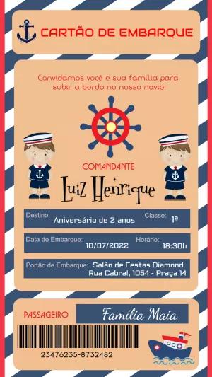 Convite de Aniversário Marinheiro Cartão de Embarque para Editar