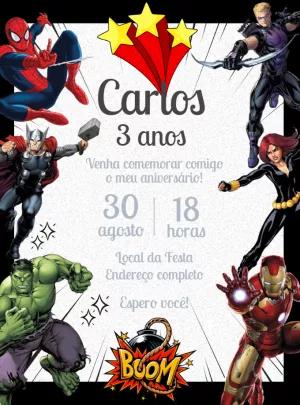 Convite de Aniversário Vingadores Super Heróis para Editar