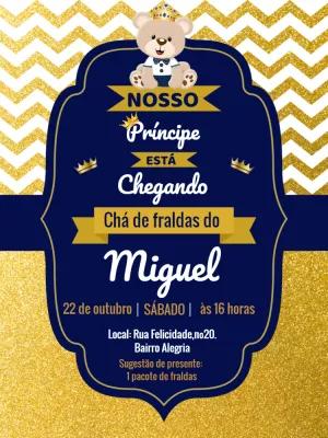Convite Chá de Fraldas Ursinho Príncipe Azul e Dourado para Editar
