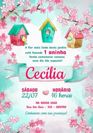 Convite de Aniversário Jardim dos Passarinhos para Editar Online