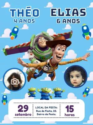 Convite Aniversário Duplo Toy Story com Foto para Editar