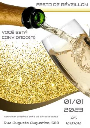 Convite de Réveillon Dourado com Champanhe para Editar Online
