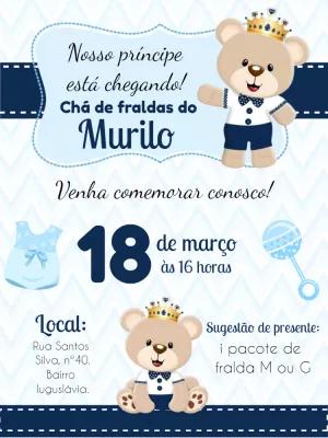 Convite Chá de Fraldas Ursinho Príncipe para Editar Online