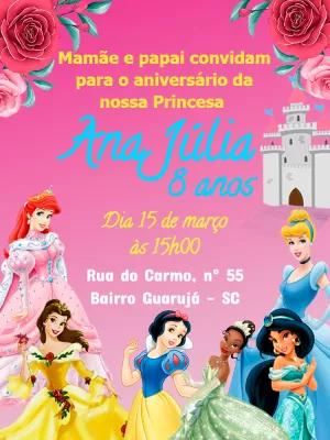 Convite de Aniversário Princesas Disney Editável Online