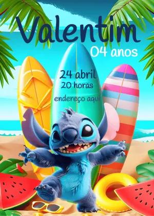 Convite de Aniversário Stitch Praia e Surf para Editar Online