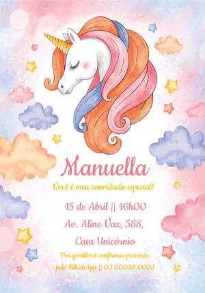 Convite de Aniversário Unicórnio Aquarela para Editar Online