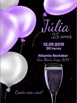 Convite de Aniversário Roxo e Preto com Balões para Editar