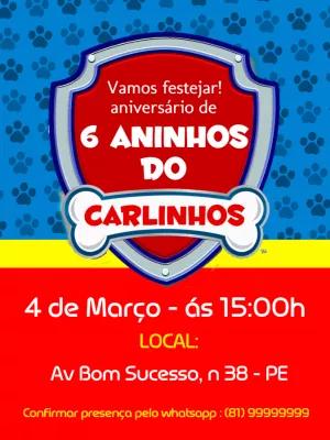 Convite de Aniversário Patrulha Canina para Editar Online