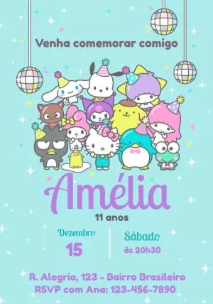 Convite Aniversário Hello Kitty e Amigos para Editar Online
