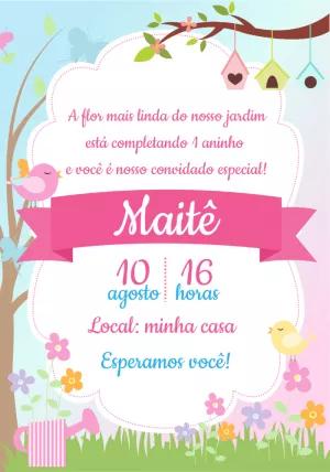 Convite Aniversário Jardim Encantado com Passarinhos para Editar
