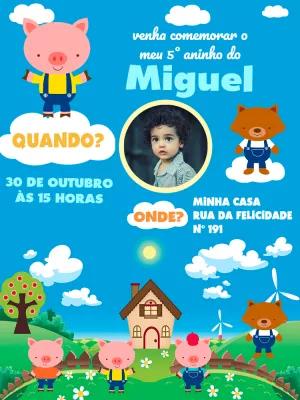 Convite Aniversário Três Porquinhos com Foto para Editar Online