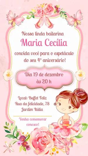 Convite de Aniversário Bailarina Aquarela para Editar Online