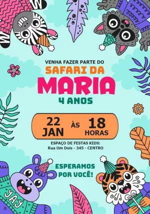 Convite Aniversário Safari com Animais Fofos para Editar Online