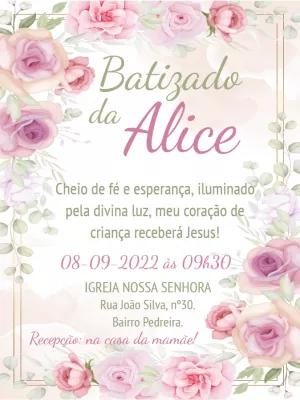 Convite de Batizado Menina Floral com Rosas para Editar