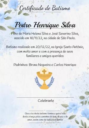 Certificado de Batismo com Flores Azuis para Editar Online