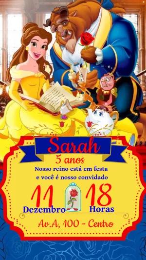 Convite Aniversário Bela e a Fera com Personagens para Editar