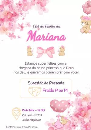 Convite Chá de Fralda Ursinha Princesa para Editar Online
