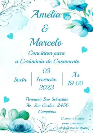 Convite de Casamento Floral Azul Aquarela para Editar Online
