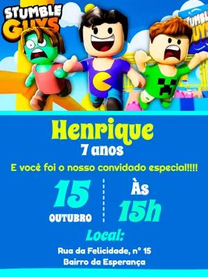Convite de Aniversário Stumble Guys com Personagens para Editar