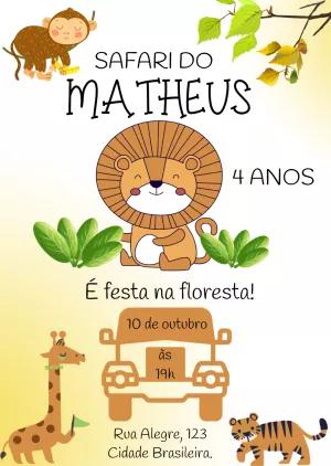 Convite Aniversário Safari com Animais para Editar Online