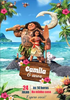 Convite de Aniversário Moana com Personagens para Editar Online