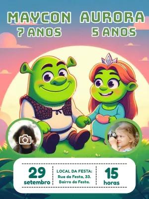 Convite Aniversário Duplo Shrek e Fiona para Editar Online
