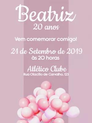 Convite de Aniversário Rosa com Balões para Editar Online