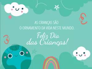 Cartão Dia das Crianças com Planeta e Nuvens para Editar