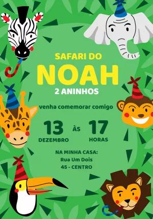 Convite Aniversário Safari com Animais Fofos para Editar Online
