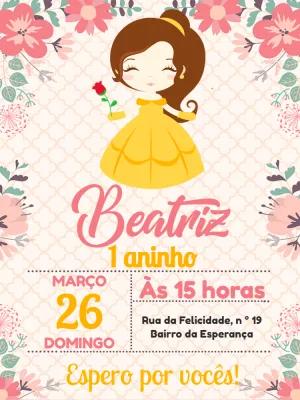Convite de Aniversário Princesa Bela para Editar Online