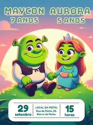 Convite Aniversário Duplo Shrek e Fiona para Editar Online