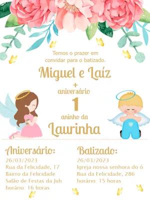 Convite Batizado e Aniversário Anjinhos para Editar Online