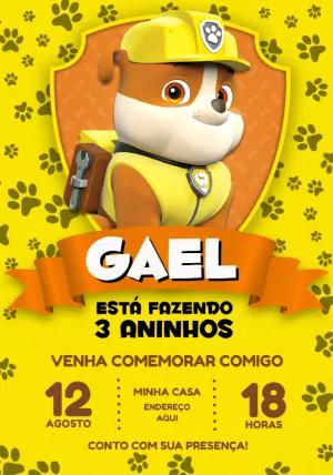 Convite Aniversário Rubble Patrulha Canina para Editar Online