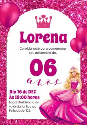 Convite Aniversário Barbie Princesa Rosa Glitter para Editar Online